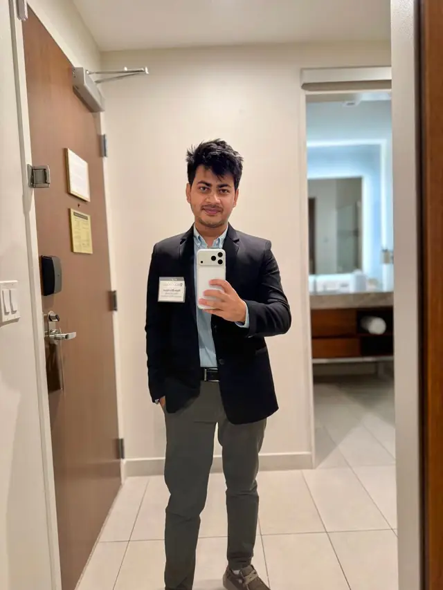 Naim Bin Hasan dressed for PhD visit day at Rice University.
